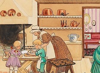 Ytterligare ett motiv ur samma bok som ovan. Om man inte läser bokens text utan bara observerar bilden, får man kanske en annan syn på  scenen. 
Bl.a. ryker det nästan oroväckande från spisens ugn. Tant Grön brukar ju till vardags utföra trädgårdssysslor utomhus. Tant gredelin är kanske inte den som vanligen utför hushållsbestyr.
Även i denna bild förekommer trasmattor i 