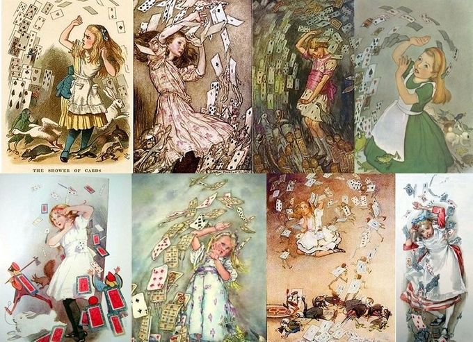 ”Vem bryr sig, ni är ju bara en kortlek” .Illustratörer enligt ovan är i nämnd ordning:
1) John Tenniel  2) Arthur Rackham  3) A E Jackson   4) Majorie Torrey
5) Margret  W. Tarrant   6) Peter Veewers  7) Gwynedd M.Hudson  8) Libico Maraja