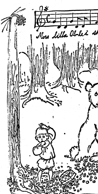 Ovanstående klipp publicerades i DN:s Namn & Nytt den 11 december 1976. Med text av Alf Henriksson och bild av Björn Berg.

Anm: Mycket fritt efter Alice Tegnér och Elsa Beskow, samt översatt till vårdad nusvenska. Enligt många med mig snarare att anse som akrobatisk lingvistik.
Henriksson har nog på skoj försett texten med lite egna böjningar av några ord. Jag har därför (enligt önskemål) försett vissa ord med en liten förklarande länk. Ta inte illa upp!

Någon äkta uluation tror jag inte att mamman utförde. En sådan tillhör nämligen en annan kultur. Det närmaste man kan komma i vårt land är nog en kulning. Men skrek det gjorde hon nog.
